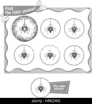 visuelle Spiel für Kinder und Erwachsene. Aufgabe die richtigen Schatten Spinne finden. schwarze und weiße Vektor-illustration Stock Vektor
