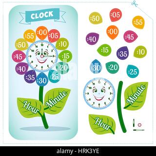 Erzählte Zeit Arbeitsblatt für Schulkinder, die Zeit zu identifizieren. Uhr-Aufkleber. Spiel für Kinder Stock Vektor