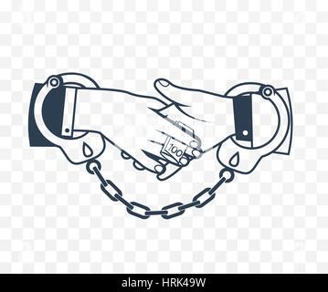 Symbol-Bestechung als das Konzept des Kampfes gegen die Korruption. Zwei durch Handschellen gefesselten Händen bestechen einander Stock Vektor