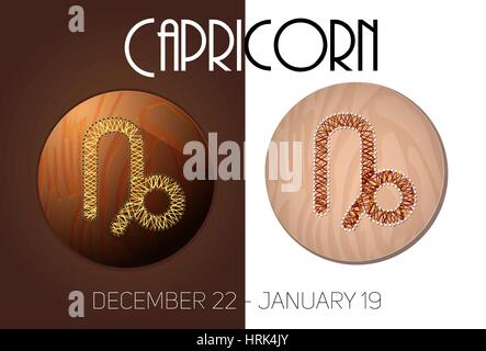 Steinbock Sternzeichen in kreisförmigen Rahmen, Vektor-Illustration, in Form von Fäden gemacht. Symbole auf einem hölzernen Hintergrund Stock Vektor