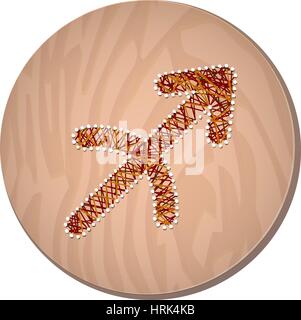 Sternzeichen Schütze in kreisförmigen Rahmen, Vektor-Illustration, in Form von Fäden gemacht. Symbol auf einem hölzernen Hintergrund Stock Vektor