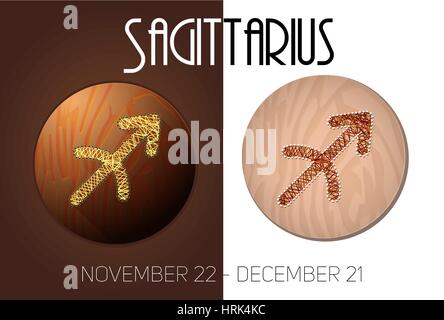 Sternzeichen Schütze in kreisförmigen Rahmen, Vektor-Illustration, in Form von Fäden gemacht. Symbole auf einem hölzernen Hintergrund Stock Vektor