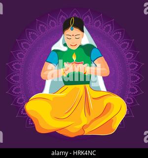 Darstellung der Frau brennen Diya für Indianerfest Diwali Stock Vektor