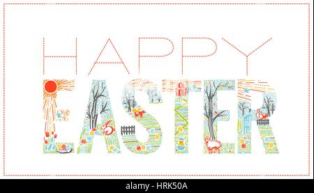 Ostern-Inschrift in Form einer ländlichen Landschaft mit einem Hasen und Tiere. Linearen Stil Stock Vektor