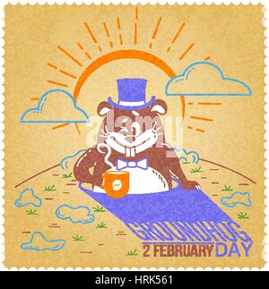 Grußkarte. Urlaub - glücklich grüßt das Murmeltier. Symbol in der linearen Stil. Retro Stock Vektor