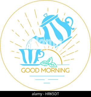 Guten Morgen Symbol mit einer Tasse und Teekanne in einem linearen Stil Stock Vektor