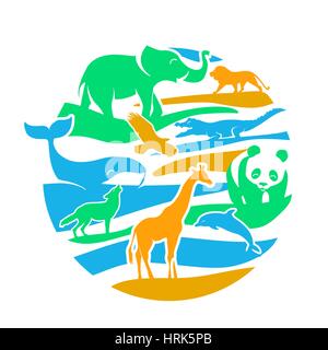 Symbol in Form von tierischen Silhouetten in einem Kreis auf dem Boden. Symbol für den Zoo, am Tag der Tiere Stock Vektor