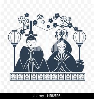 Symbole japanischen Kaiser und Kaiserin Puppen Symbol in der linearen Stil. Schwarz weiß Abbildung Stock Vektor
