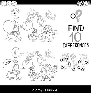 Schwarz / Weiß Cartoon Illustration zu finden Unterschiede Lernspiel für Kinder mit Weihnachtsbuchstaben Malbuch Stock Vektor