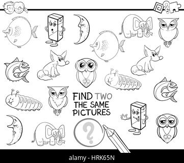Schwarz / Weiß Cartoon Illustration zu finden zwei identische Bilder Lernspiel für Kinder Malvorlagen Stock Vektor