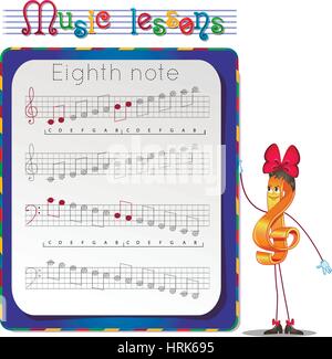 Musik-Unterricht, Übungen für Kinder. Entwicklung der Fähigkeiten zum Schreiben und zeichnen. Handschrift Praxis Arbeitsblätter. Zeichnen Sie eine Achtelnote Stock Vektor