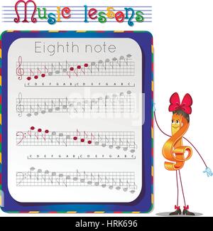 Musik-Unterricht, Übungen für Kinder. Entwicklung der Fähigkeiten zum Schreiben und zeichnen. Handschrift Praxis Arbeitsblätter. Zeichnen Sie eine Achtelnote Stock Vektor