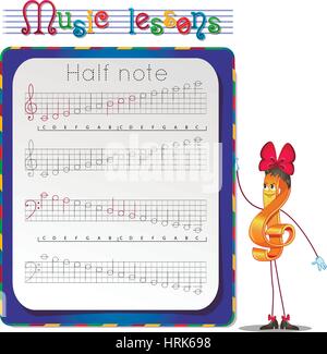 Musik-Unterricht, Übungen für Kinder. Entwicklung der Fähigkeiten zum Schreiben und zeichnen. Handschrift Praxis Arbeitsblätter. Zeichnen Sie eine halbe note Stock Vektor