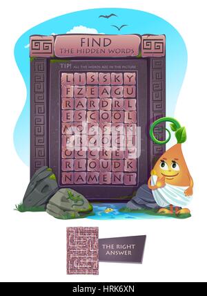 Zick-Zack-Wortsuchrätsel (geeignet für Kinder und Erwachsene). Tipp: alle Wörter sind im Bild. Aufgabe-finden Sie die versteckten Wörter. Stock Vektor