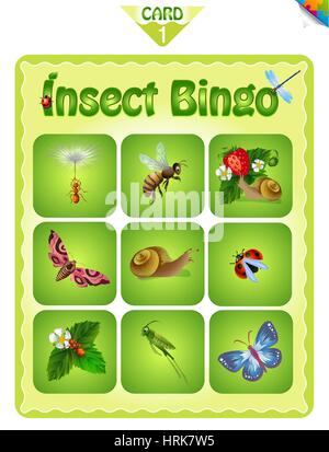 Druckbare pädagogische Bingo Spiel für Kinder im Vorschulalter mit verschiedenen Insekten. Bingo-Karten. Cartoon-Vektor-Illustration. Stock Vektor