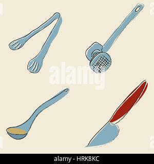 Küchenutensilien (Grillzange, Fleisch Hammer, Löffel, Messer) Stock Vektor