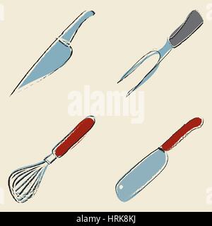 Küchenutensilien (Messer, Fleischgabel, Schneebesen, Fleisch Chopper) Stock Vektor