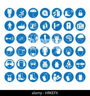 Satz von Sicherheit und Gesundheit Schutz Zeichen. Obligatorische Anzeichen für Bau und Industrie. Sammlung von Sicherheitsausrüstung. Schutz auf Arbeit. Vektor-illus Stock Vektor