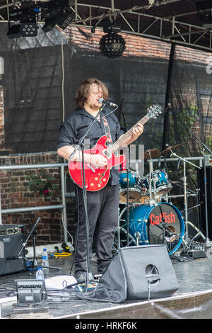 Gitarrist Matt Long mit dem aufstrebenden Blues band Wels bei Faversham Hop Festival, Faversham, Kent, UK Stockfoto