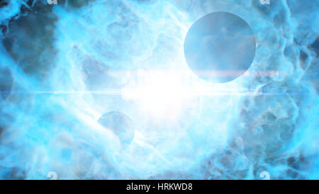zwei Planeten umkreisen einen hellen Stern in eine schöne lebendige blauen Nebel Stockfoto