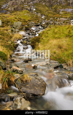 Ein kleiner Bergbach auf der Cwm Idwal Track im Snowdonia National Park in Nordwales. Stockfoto