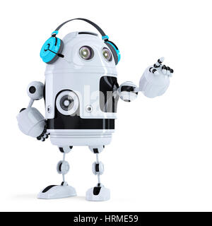 Roboter mit Kopfhörer Pointingat unsichtbares Objekt. Isoliert. Clipping-Pfad enthält Stockfoto