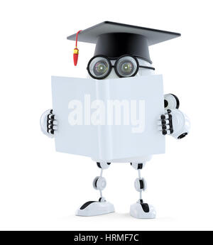 Student 3D-Roboter mit leeres Buch. Isoliert. Clipping-Pfad des Roboters und Buch enthält Stockfoto