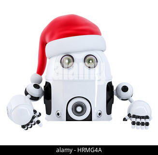 Roboter-Santa in leere Werbebanner zeigen. Isoliert. Enthält Cliping Pfad Stockfoto