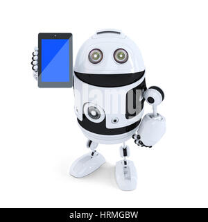 Roboter halten Handy. Isoliert auf weißem Hintergrund. Clipping-Pfad enthält Stockfoto