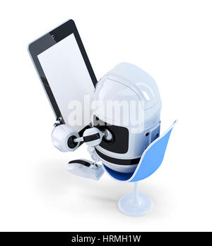 Roboter mit einem Tablet-Computer sitzen. Isoliert auf weißem Hintergrund. Clipping-Pfad der gesamten Szene und Tablet-Bildschirm enthält Stockfoto