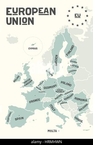 Poster-Karte der Europäischen Union mit Ländernamen Stock Vektor