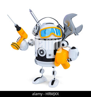 Bau-Roboter mit Werkzeugen. Isolatedover weiß. Clipping-Pfad enthält Stockfoto