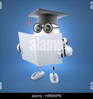 Roboter-Bachelor mit Blanck Buch. Technologie-Konzept. Über blauem Hintergrund gerendert Stockfoto