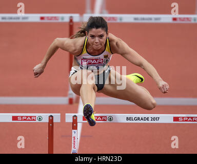 Belgrad, Serbien. 3. März 2017. Deutscher Leichtathlet Pamela Dutkiewicz konkurriert in der 60 Meter-Hürde-Ereignis bei der Leichtathletik-Europameisterschaft in der Kombank Arena in Belgrad, Serbien, 3. März 2017. Foto: Sven Hoppe/Dpa/Alamy Live News Stockfoto