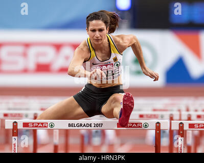 Belgrad, Serbien. 3. März 2017. Ricarda Lobe aus Deutschland in Aktion während der Frauen 60m Hürden Halbfinale bei der Leichtathletik-Europameisterschaft in der Kombank Arena in Belgrad, Serbien, 3. März 2017. Foto: Sven Hoppe/Dpa/Alamy Live News Stockfoto