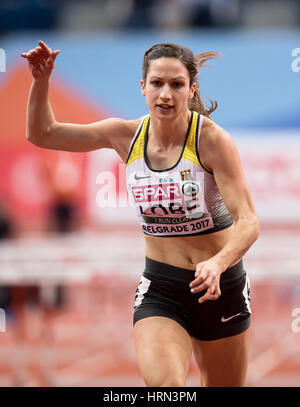 Belgrad, Serbien. 3. März 2017. Ricarda Lobe aus Deutschland in Aktion während der Frauen 60m Hürden Halbfinale bei der Leichtathletik-Europameisterschaft in der Kombank Arena in Belgrad, Serbien, 3. März 2017. Foto: Sven Hoppe/Dpa/Alamy Live News Stockfoto