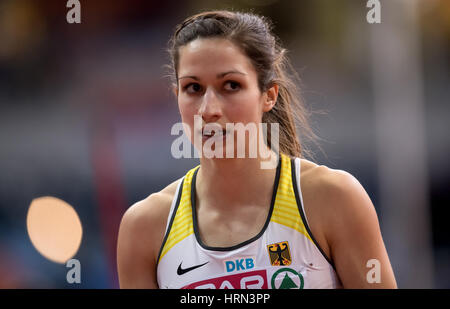 Belgrad, Serbien. 3. März 2017. Ricarda Lobe aus Deutschland reagiert nach 60-Meter-Hürdenlauf der Frauen Halbfinale bei der Leichtathletik-Europameisterschaft in der Kombank Arena in Belgrad, 3. März 2017. Foto: Sven Hoppe/Dpa/Alamy Live News Stockfoto