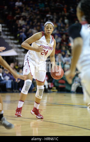 Seattle, WA, USA. 3. März 2017. Stanfords Erica McCall (24) in Aktion während einer PAC12 Frauen-Turnier-Spiel zwischen die Washington State Cougars und Stanford Cardinal. Gespielt wurde in der Key Arena in Seattle, WA. Jeff Halstead/CSM/Alamy Live-Nachrichten Stockfoto