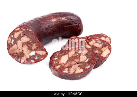 Hausgemachte Blut Wurst auf einem weißen Teller-Hintergrund Stockfoto