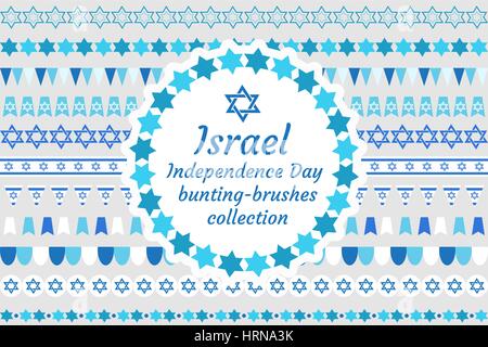 Israel Independence Day Bunting-Bürsten-Kollektion. Jüdischer Feiertag Pinsel, Grenze, Flagge, Ornament Satz. Vektor-Illustration. Stock Vektor