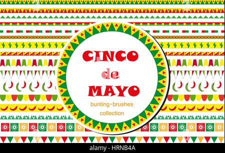 Cinco De Mayo Feier festlegen von Grenzen, Schmuck, Girlanden. Flachen Stil, isoliert auf weißem Hintergrund. Vektor-Illustration, ClipArt-Grafiken. Stock Vektor