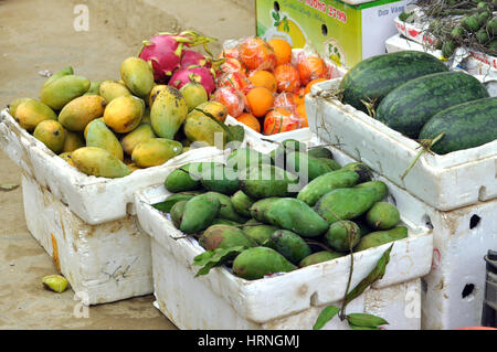 SAPA, VIETNAM - 23. Februar 2013: Verschiedene Arten von exotischen Früchten auf den ländlichen Markt von Sapa, Vietnam Stockfoto