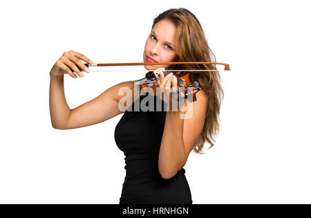 Schöne junge Frau Geigenspiel auf weißem Hintergrund Stockfoto