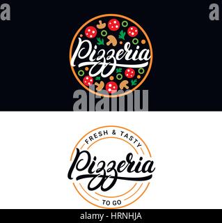 Satz von Pizzeria handgeschriebenen Schriftzug, Logo, Aufkleber, Abzeichen oder Wappen. Stock Vektor