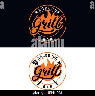 Satz von Grill Grill Bar handgeschriebenen Schriftzug, Logo, Beschriftung, Abzeichen oder Wappen mit dem Feuer. Stock Vektor