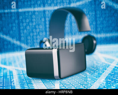 Virtual-Reality-Kopfhörer mit einem Hintergrund von binären Zahlen (3d Render) Stockfoto