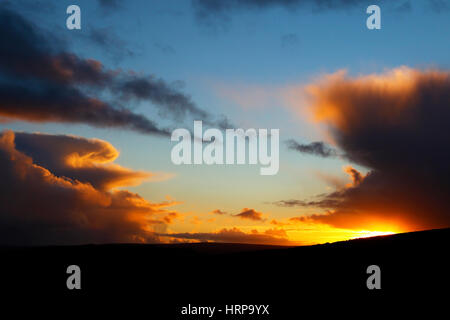 Blackslade Down zwischen Pil Tor & Pudsham unten auf Dartmoor produziert einige atemberaubende Sonnenuntergänge im Winter. Spektakuläre orange leuchtet schön Stockfoto