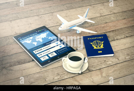 Tablet-pc mit einem Flug-Buchungs-app, einen Reisepass und ein kleines Flugzeug auf hölzernen Hintergrund (3d Render) Stockfoto