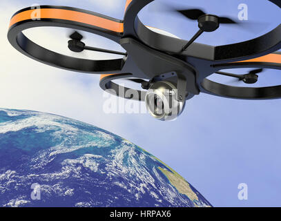 eine kleine Drohne mit einer Kamera, fliegen über die Erde, das Konzept der Privatsphäre (3d Render) - Elemente dieses Bildes, eingerichtet von der NASA Stockfoto