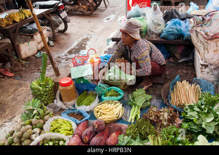 Frau verkauft Produkte aus dem Boden in Psaleu Markt in Siem Reap - Kambodscha Stockfoto